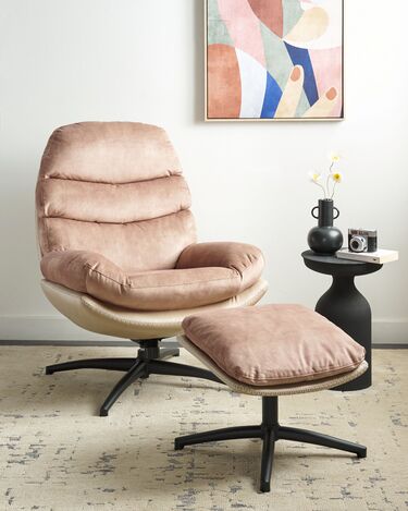 Velvet Swivel Armchair with Footstool Beige EIDE