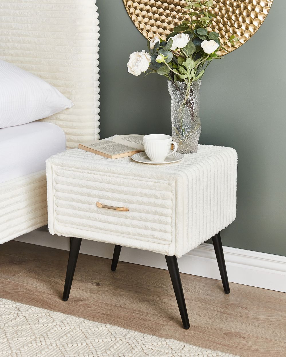 1 Drawer Bedside Table FLAYAT Corduroy Off-White