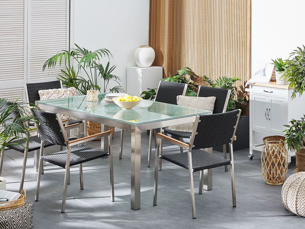 6 Seater Garden Dining Set Glass Table with Black Rattan Chairs GROSSETO Beliani.cz