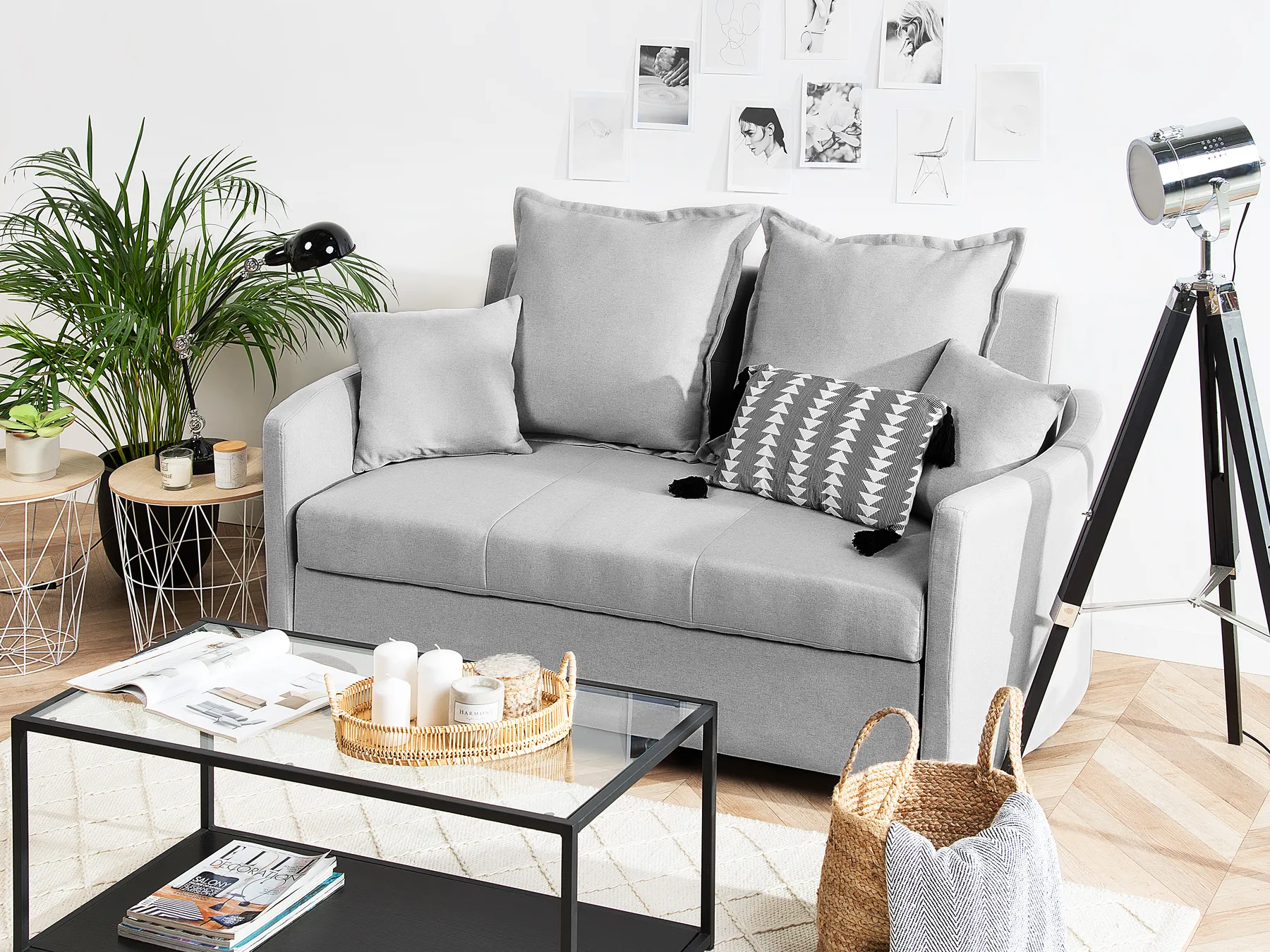 Sofa Bed 2 Seater HOVIN Fabric Light Grey_746320