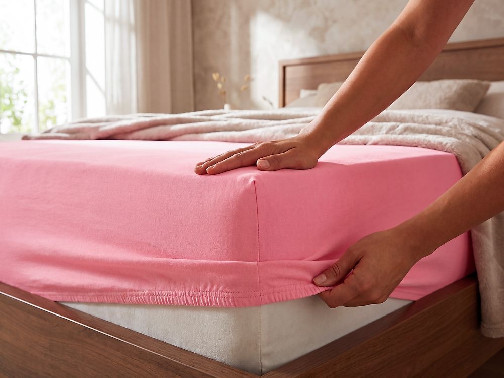 Fitted Sheet JANBU 160 x 200 cm Cotton Coral