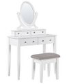 Toalettbord 4 lådor oval spegel och pall vit LUNE_786262