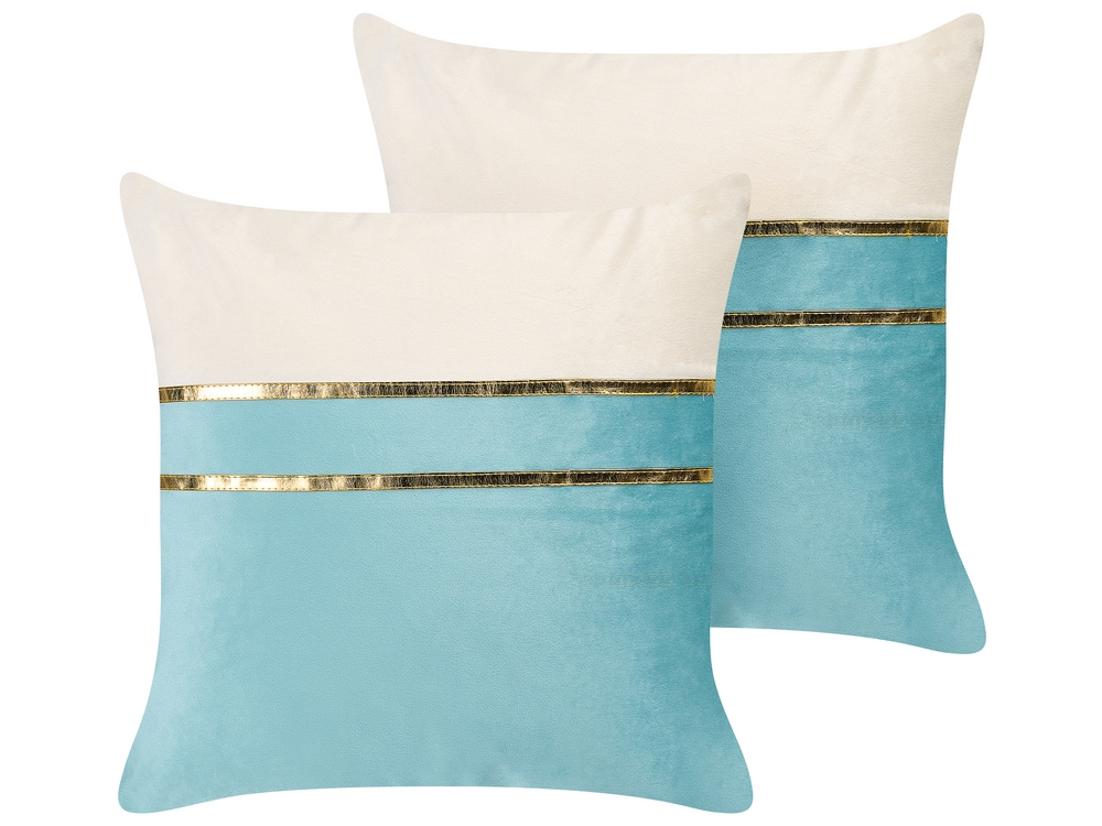 Set of 2 Velvet Cushions 45 x 45 cm Blue and Beige ALLIUM Beliani