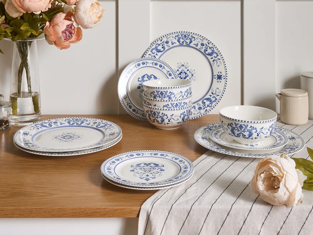 Set of 12 Dinnerware GALANGAL Porcelain White/ Blue_1069031