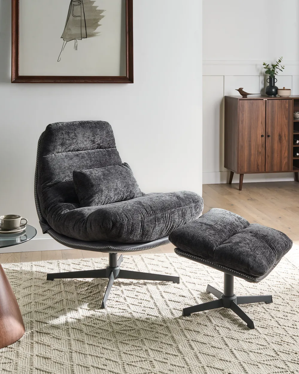 Swivel Armchair TOVIK with Footstool Chenille Black