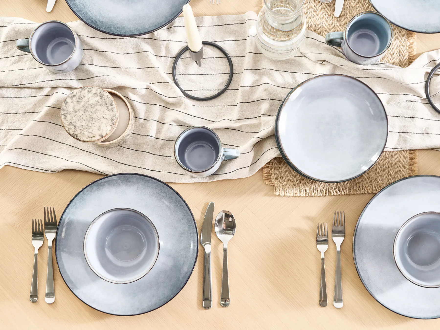 Set of 16 Dinnerware JUNIPER Stoneware Light Blue_863194