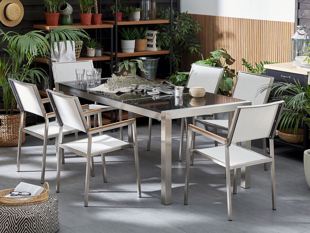 6 Seater Garden Dining Set Black Granite Triple Plate Top with White Chairs GROSSETO Beliani