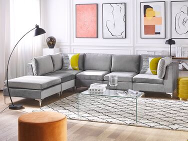 Right Hand 5 Seater Modular Velvet Corner Sofa with Ottoman Grey EVJA