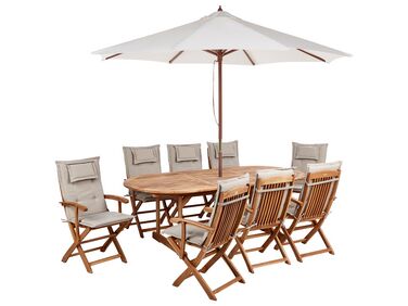 Ensemble de jardin 8 places en bois d'acacia avec parasol et coussins taupe MAUI II