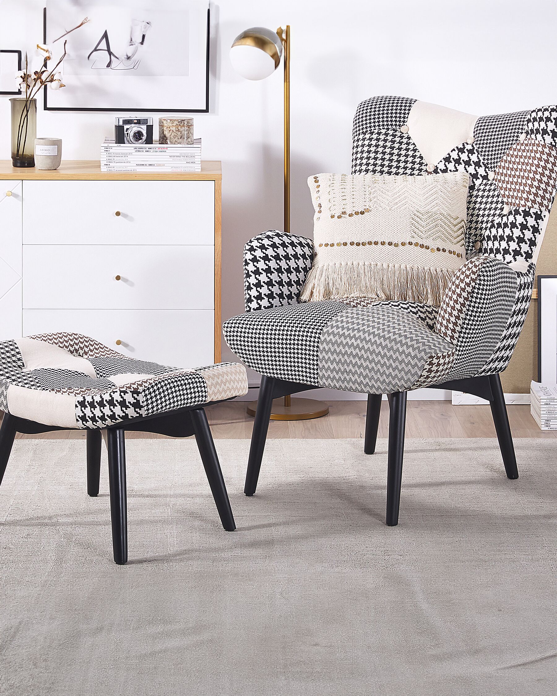 Wingback Chair with Footstool Patchwork Grey VEJLE_477558