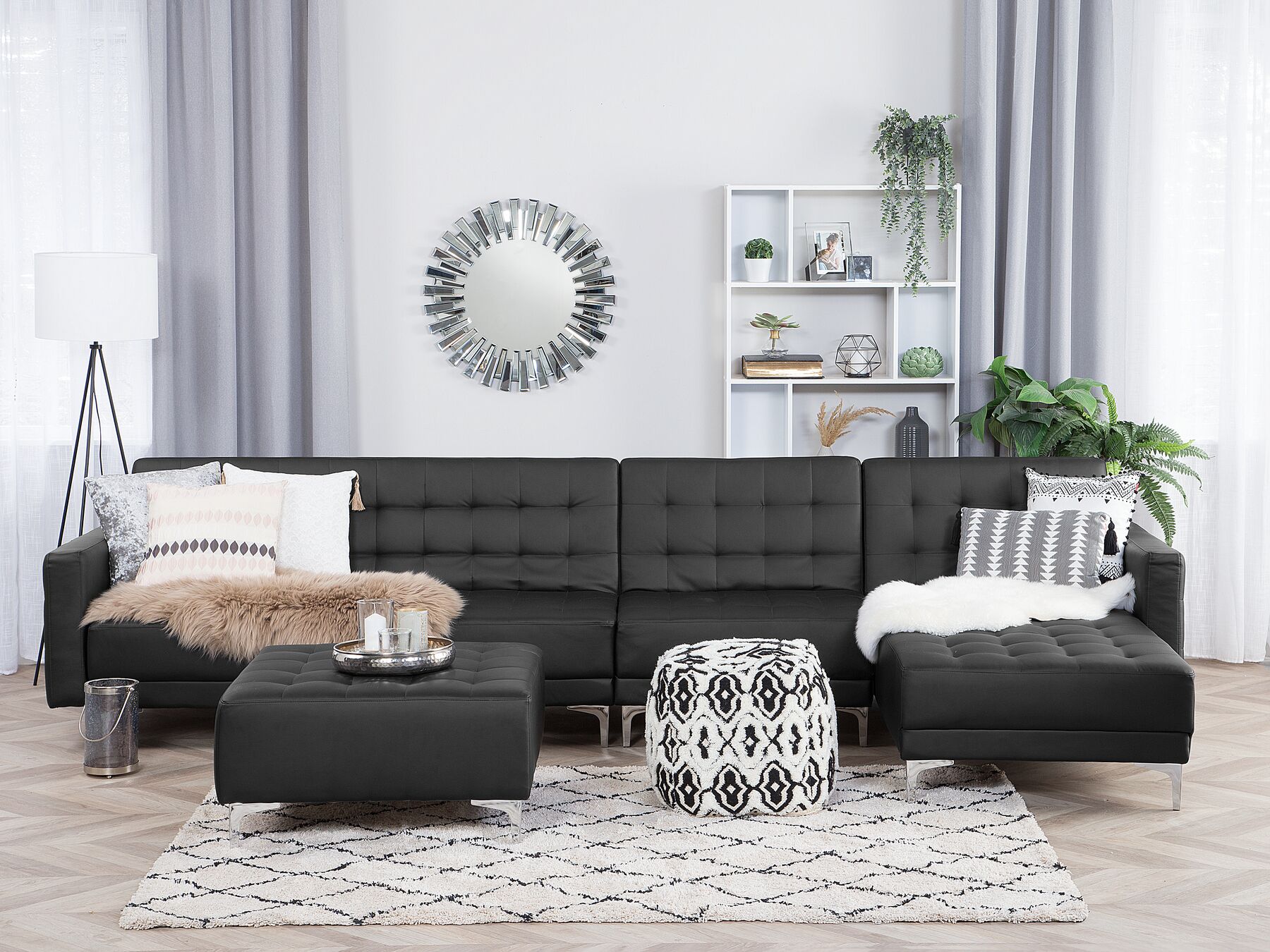 Left Hand Modular Faux Leather Sofa with Ottoman Black ABERDEEN_715534