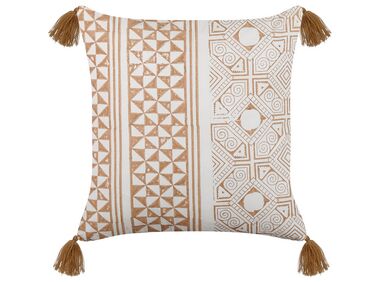 Bawełniana poduszka dekoracyjna w geometryczny wzór z frędzlami  45 x 45 cm jasny brąz z białym MALUS