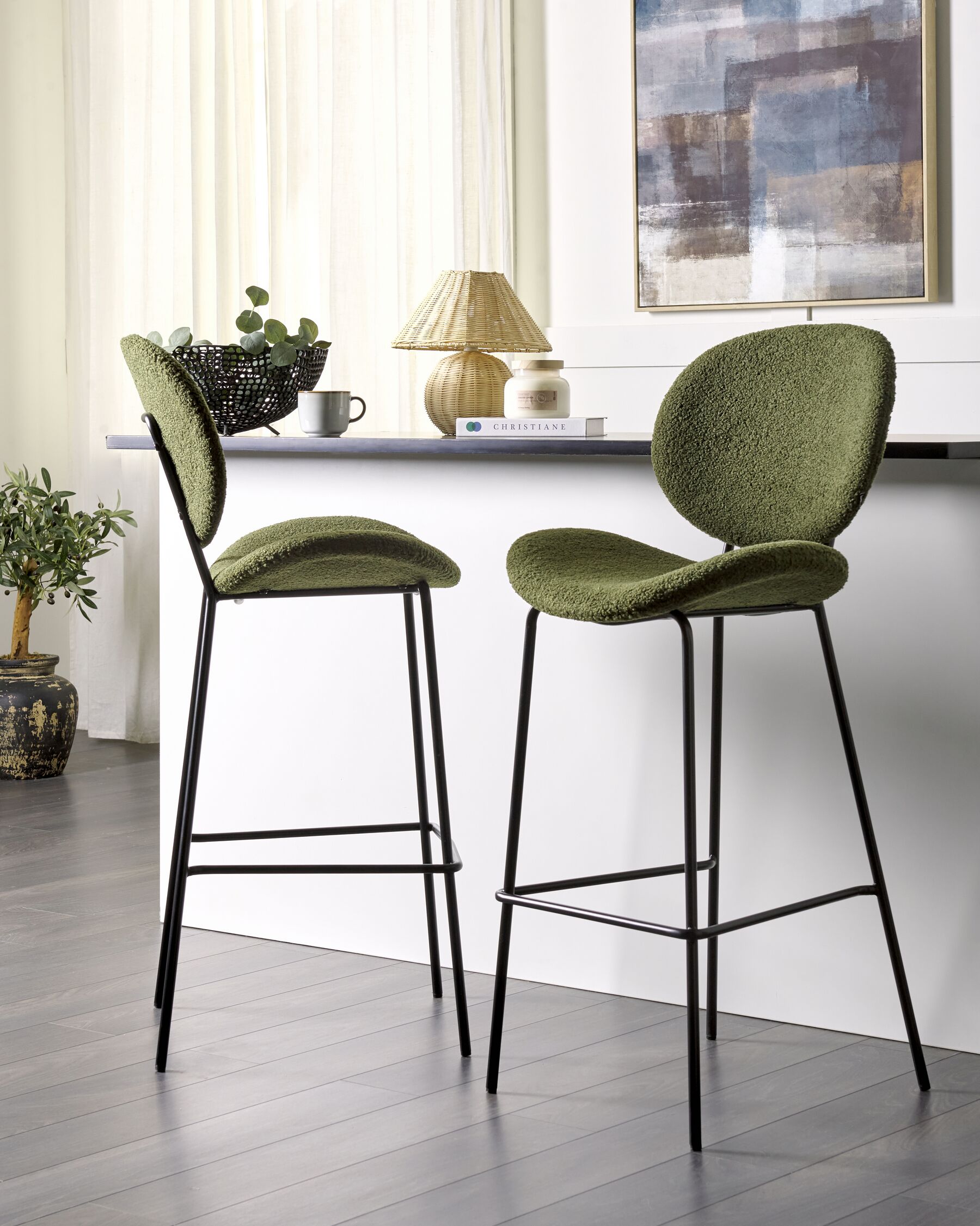 Set of 2 Boucle Bar Chairs Dark Green LUANA_886383