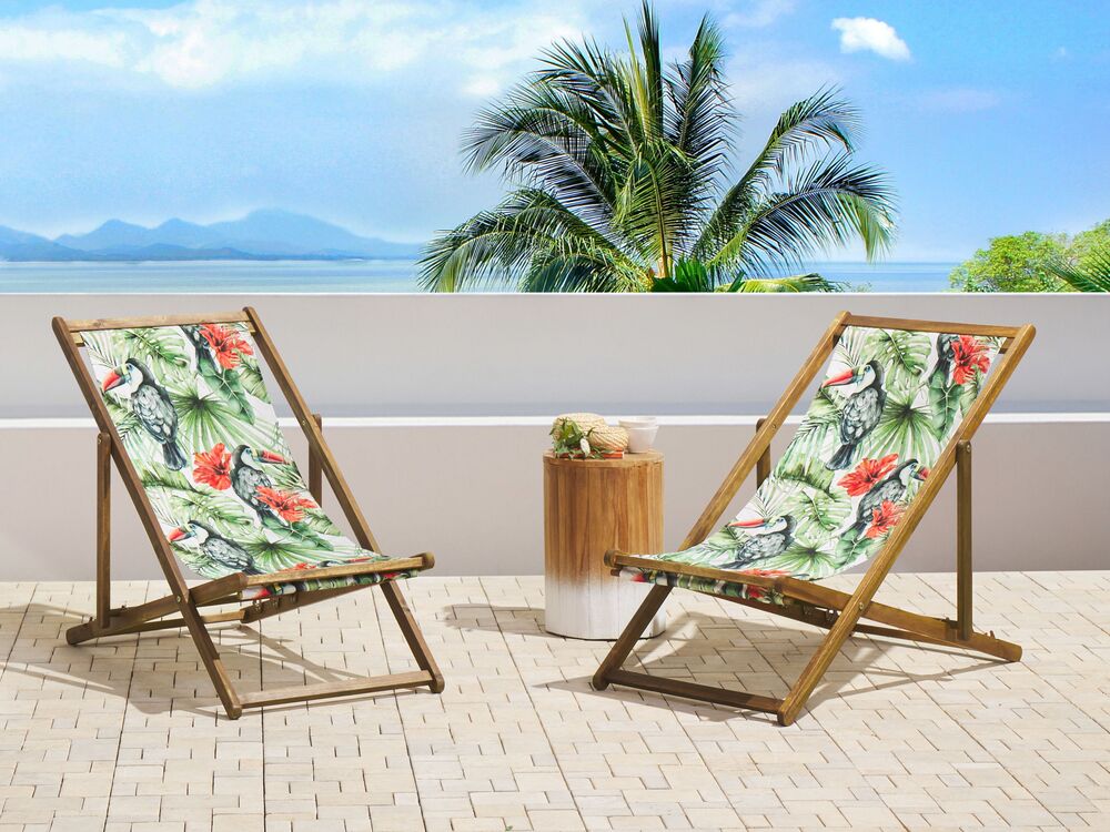 Set of 2 Acacia Folding Deck Chairs and 2 Replacement Fabrics Light Wood with Off White Toucan Pattern ANZIO Beliani
