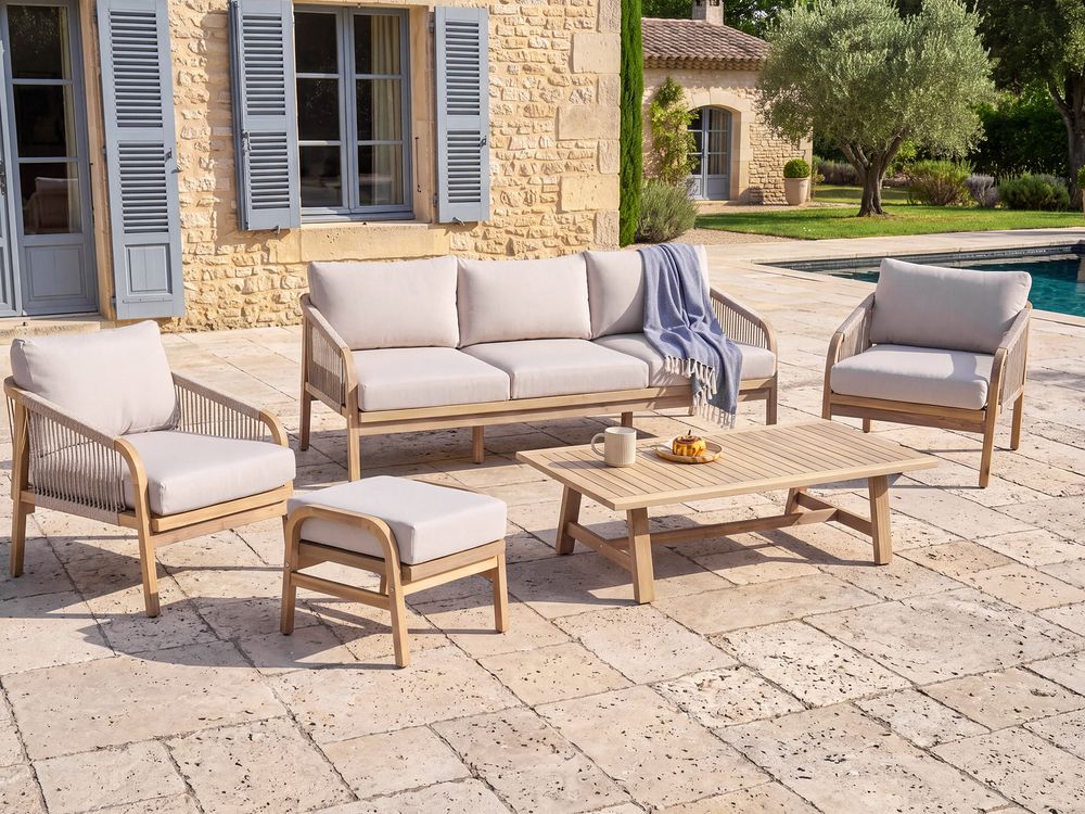 Conjunto de jardín con mesa y otomana 5 plazas SUMBA Madera de acacia Marrón claro