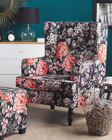 Armchair with Footstool Floral Pattern Black SANDSET