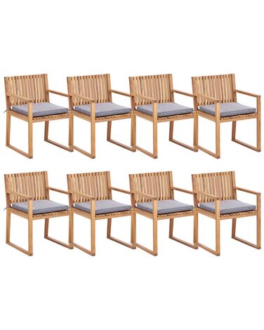 Conjunto de 8 sillas de jardín de madera de acacia certificada clara con cojines gris SASSARI II