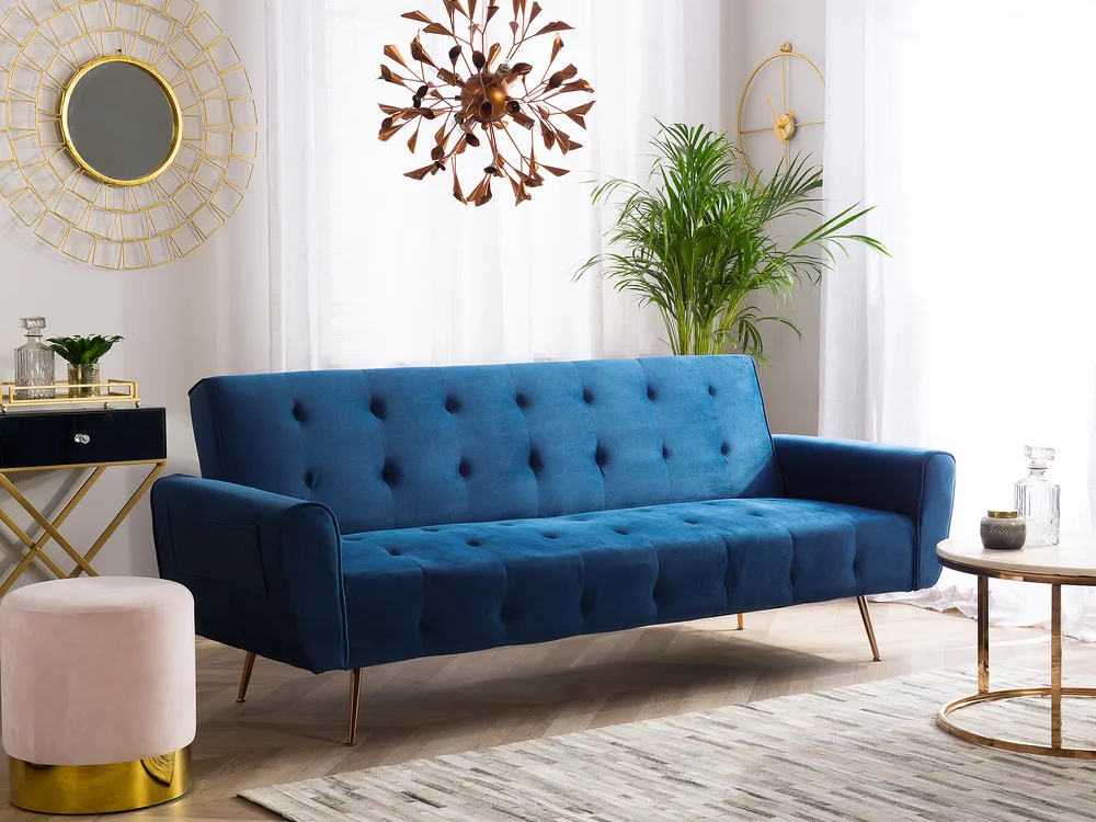 Sofa Bed 3 Seater SELNES Velvet Navy Blue