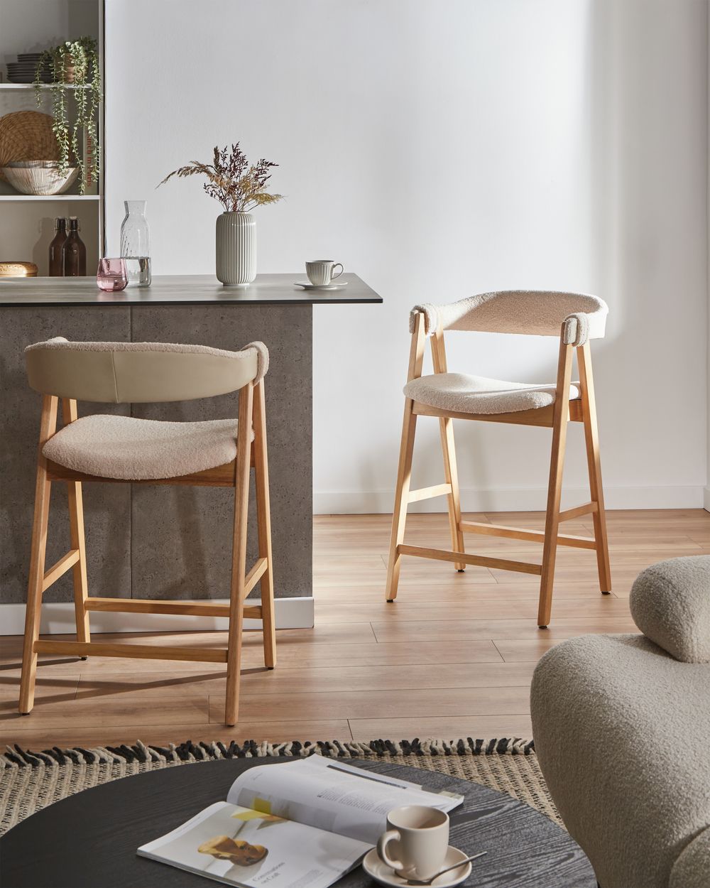 Sæt med 2 barstole DAY Boucle Lysebrun/lys beige