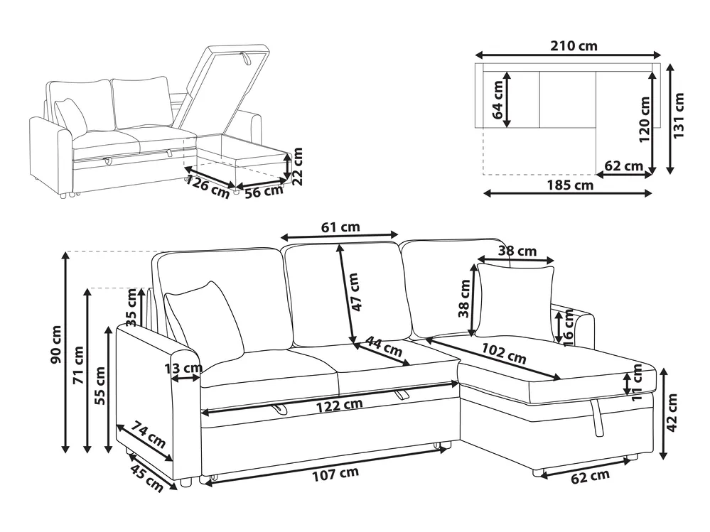 Corner Sofa Bed 3 Seater NASSJO Faux Linen Off-White Left Hand_999891