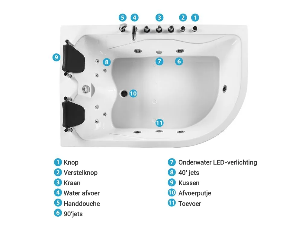 Hoek bubbelbad met LED CALAMA 180 x 120 cm Wit rechtszijdig_781607