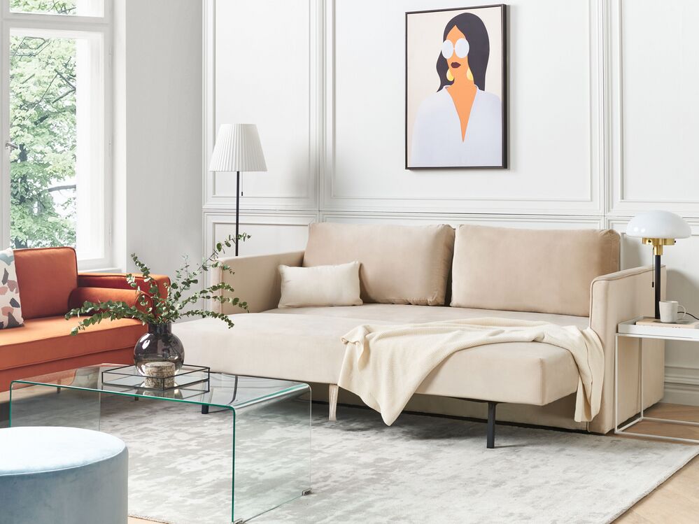 Velvet Sofa Bed with Storage Beige EKSJO Beliani