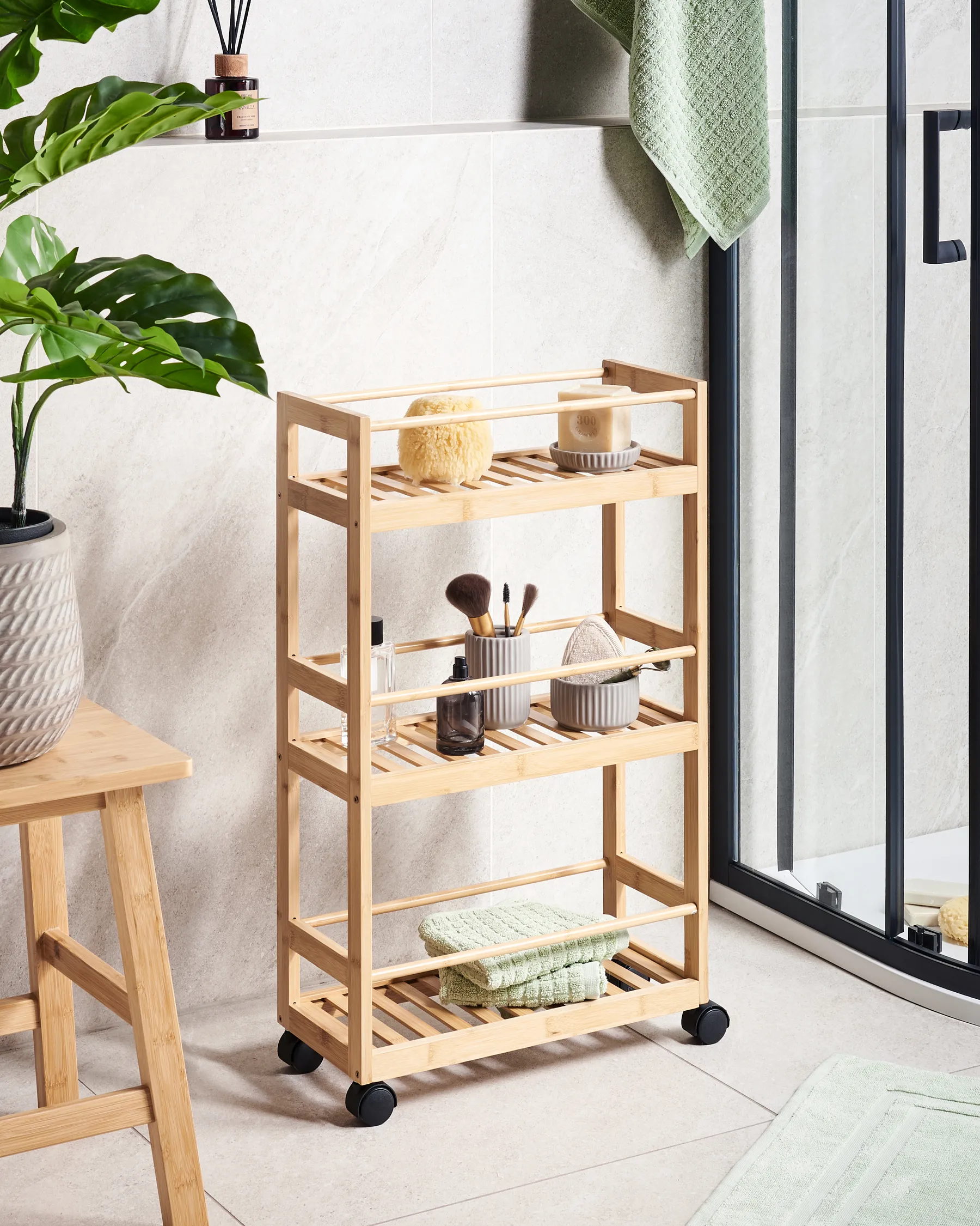 Shelving Unit QUINTAY with Wheels Bamboo Light Brown_971189