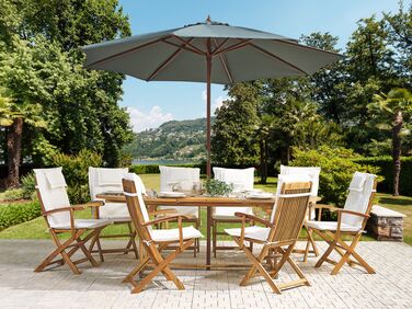 8 Seater Acacia Wood Garden Dining Set with Grey Parasol and Off-White Cushions MAUI