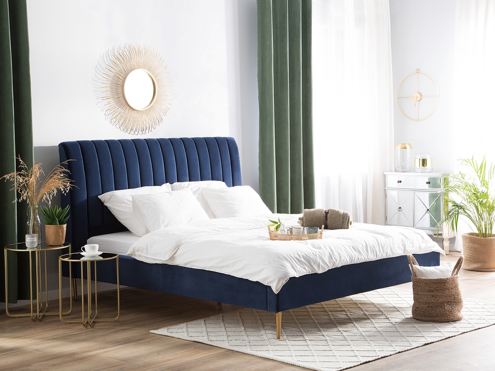 Navy blue velvet king size bed discount