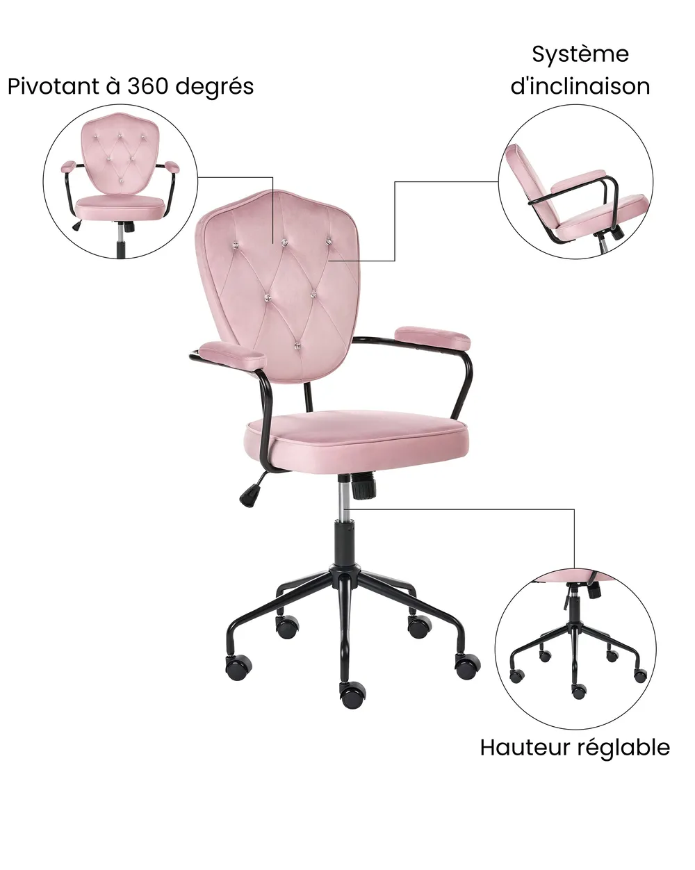 Chaise de bureau VELISSE Velours Rose pastel_1065430