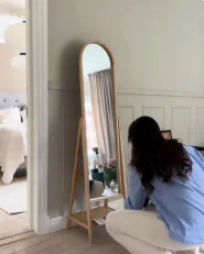 Standing Mirror with Shelf CHAMBERY 170 cm Paulownia Wood Light Brown_1008969