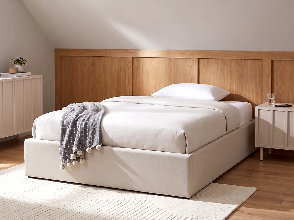 Bett mit Stauraum ohne Kopfteil DINAN Stoff Cremeweiß 120 x 200 cm_1187483