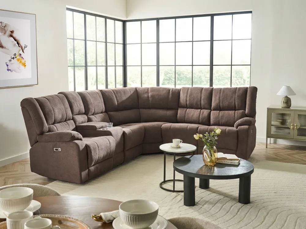 Elektromosan hátradönthető sarokkanapé 5 személyes ROKKE  Barna USB porttal Bal oldali