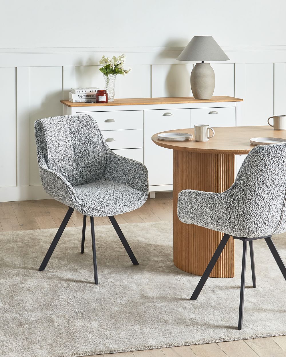 Silla de comedor giratoria MARCELLUS Bouclé Negro/Blanco