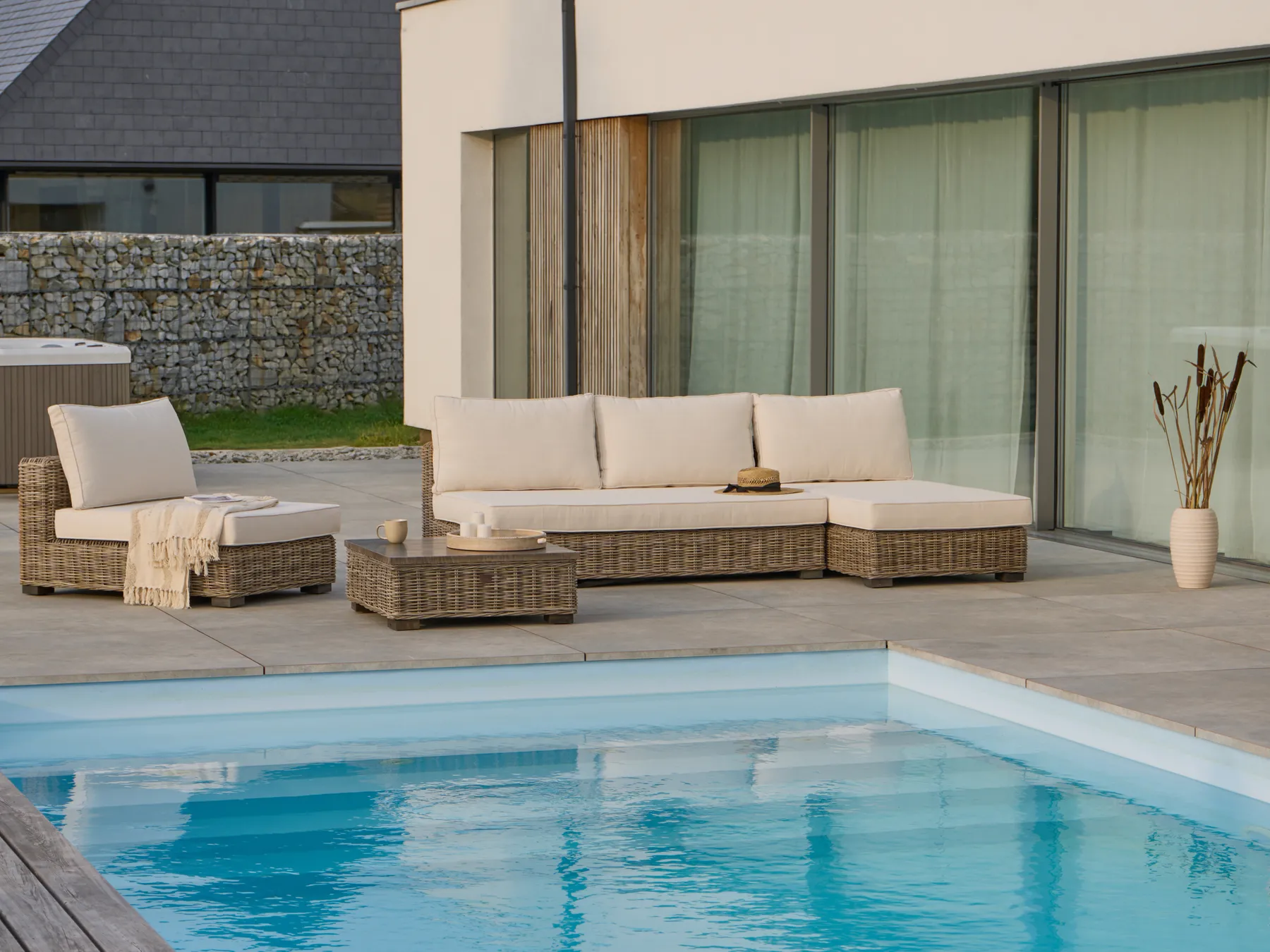 Garden Lounge Set with Table 4 Seater VARALLO Modular Rattan Grey Left Hand_1024419