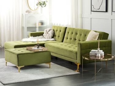 Right Hand Velvet Corner Sofa with Ottoman Green ABERDEEN