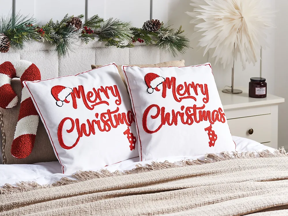 Lot de 2 coussins décoratifs PIZZELLE 45 x 45 cm Coton Blanc cassé Motif de Noël_1183606