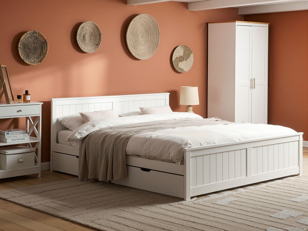 Bed with 2 Drawers SABRAN Pine Wood White 180 x 200 cm (EU Super King)