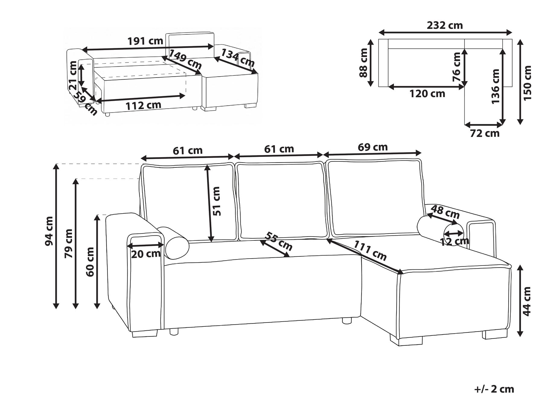 Corner Sofa Bed 3 Seater EDANE with Storage Boucle Off-White Left Hand_1057051
