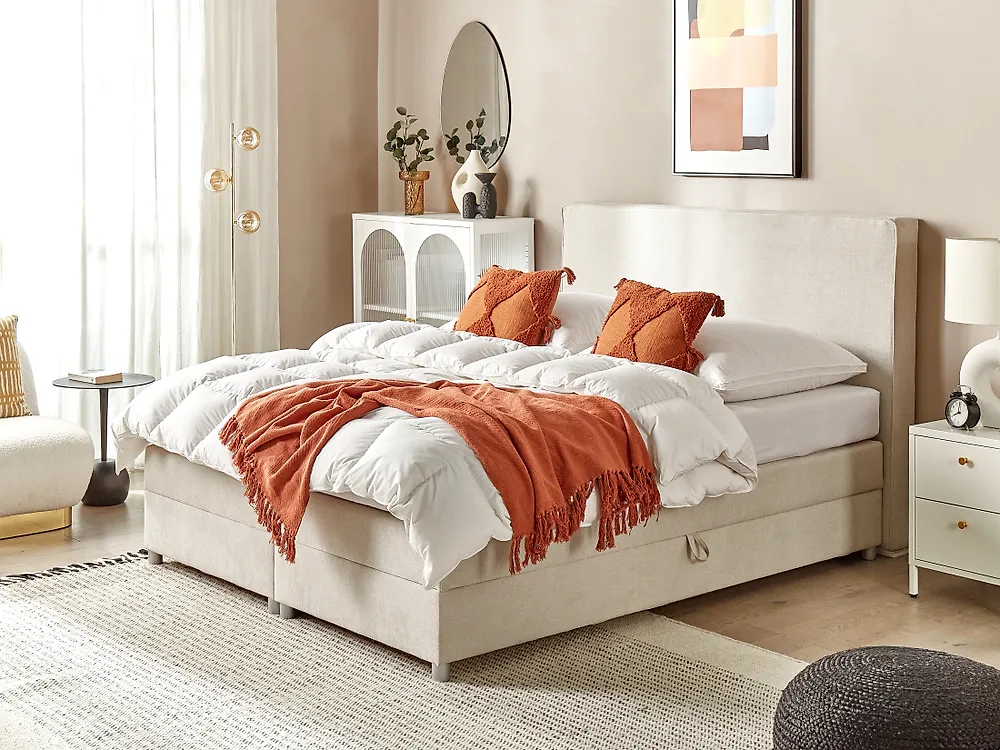 Divan Bed with Storage MINISTER Fabric Light Beige 160 x 200 cm (EU King Size)_1172183