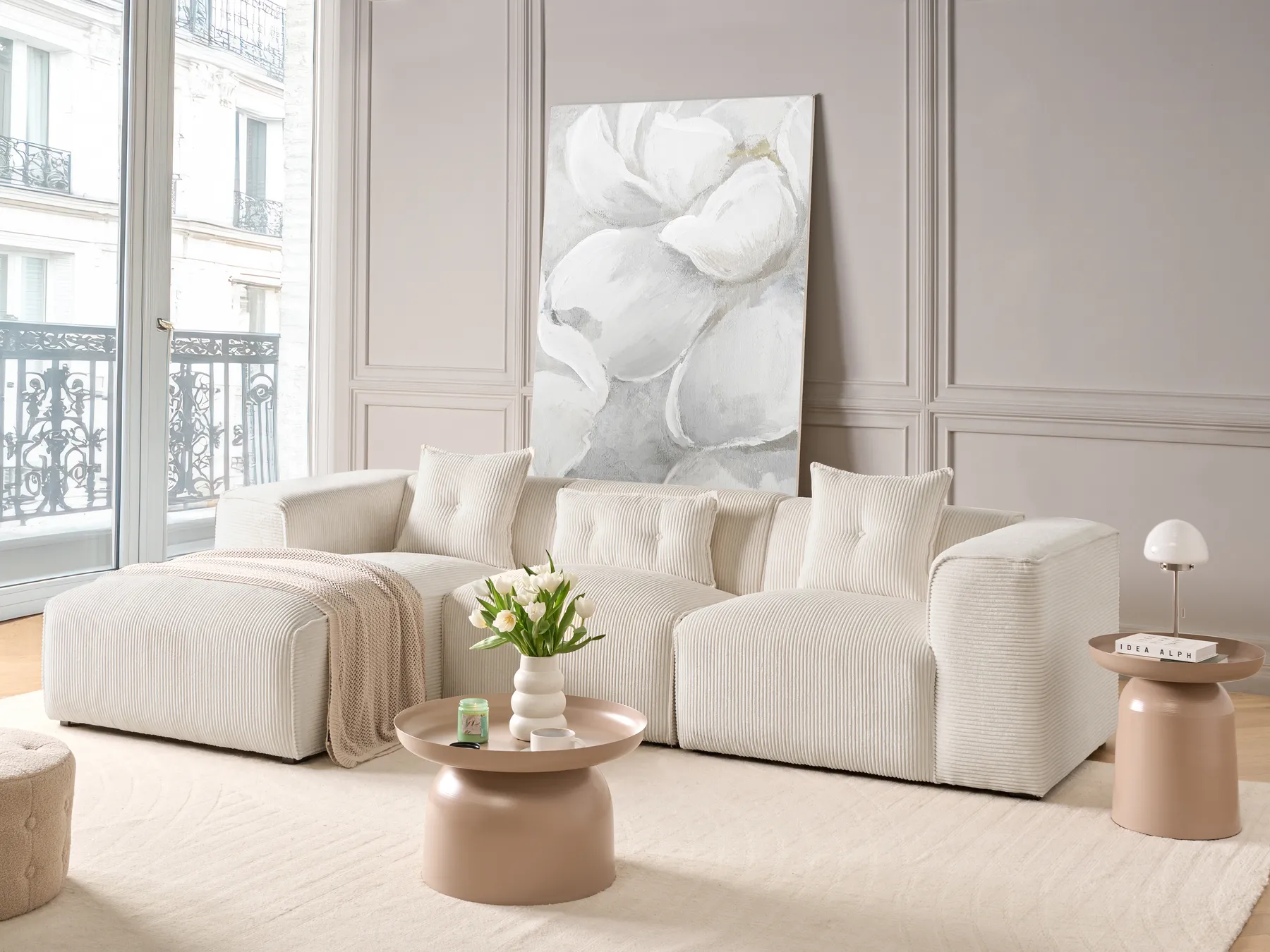 Corner Sofa 3 Seater DOLVA Corduroy Off-White Right Hand_979344