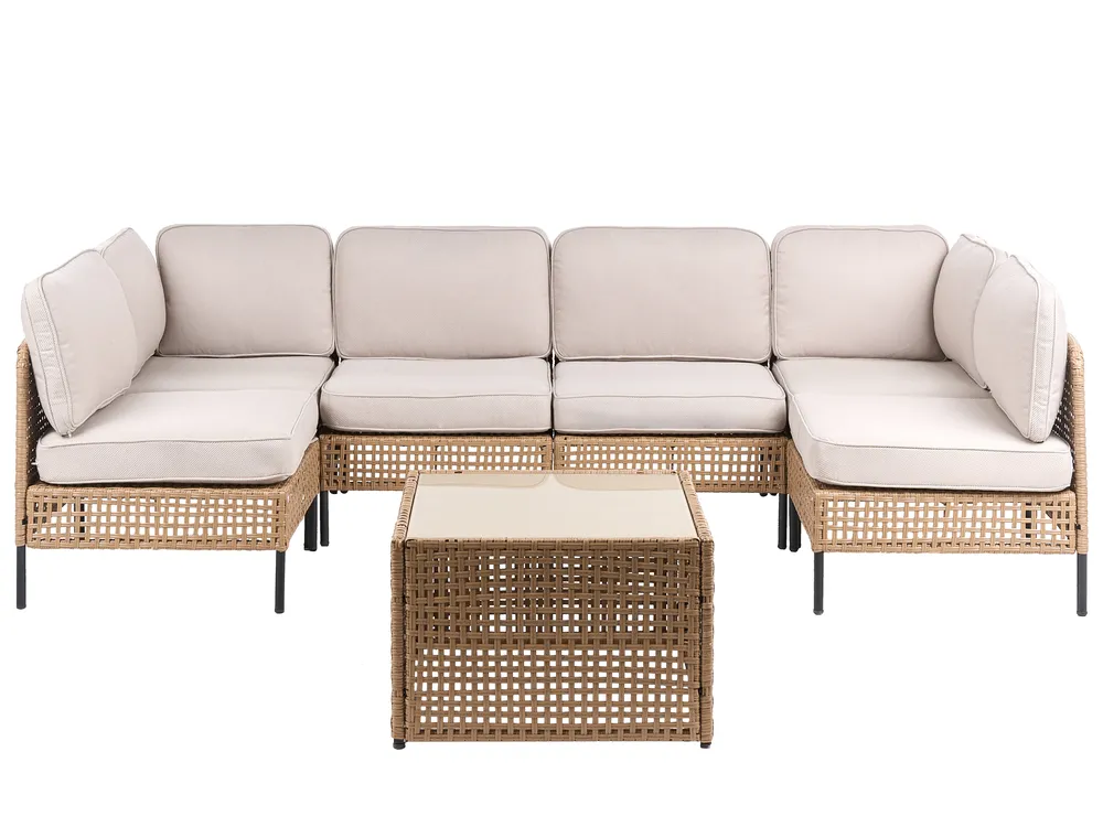 Sofa ogrodowa w kształcie U dla 6 osób OMEGANA Modułowy Technorattan Jasnobeżowy