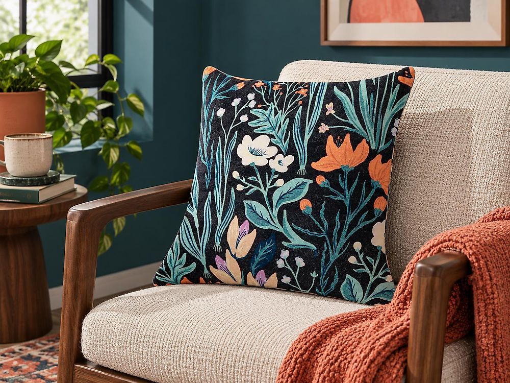 Coussin OSMUNDA 45 x 45 cm Velours Noir Motif floral