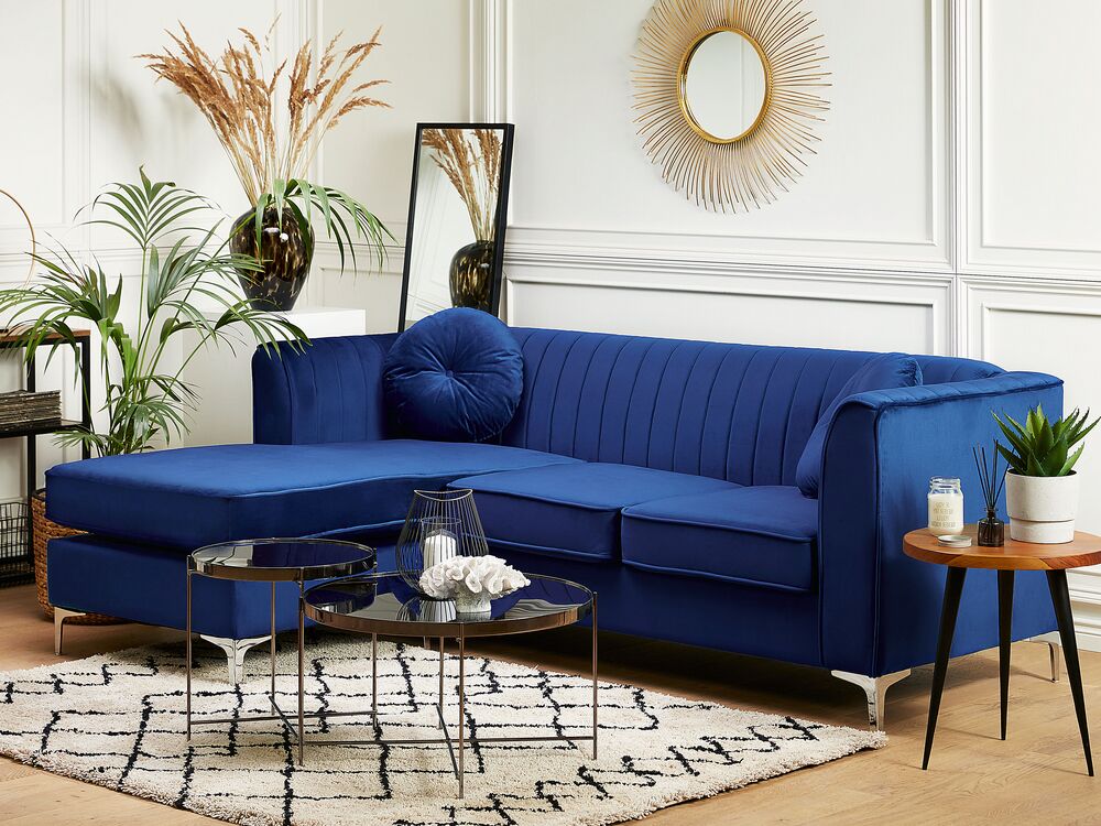 Right Hand Velvet Corner Sofa Navy Blue TIMRA Beliani