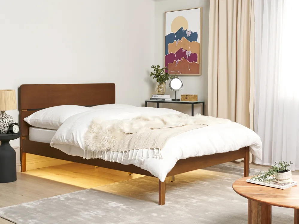 Bed with LED Wood BOISSET 140 x 200 cm (EU Double) Dark Brown