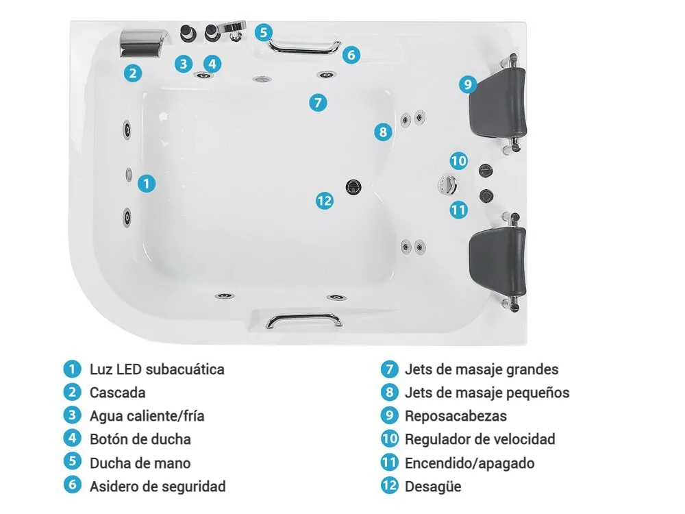 Bañera de hidromasaje LED esquinera BAYAMO 170 x 120 cm Blanco Izquierda_821992