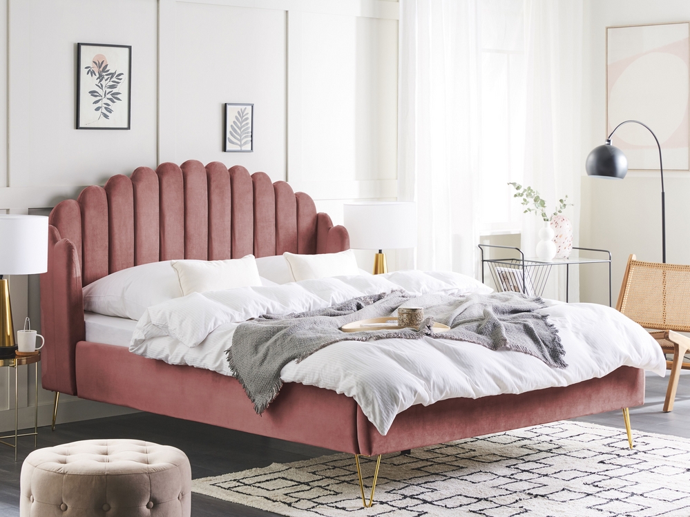 Bett mit Lattenrost Samtstoff AMBILLOU 160 x 200 cm Rosa Beliani