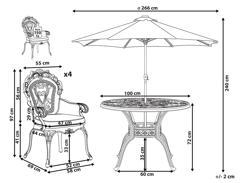 Set da pranzo da giardino 4 posti SAPRI con Ombrellone (16 opzioni) Metallo Marrone scuro_863875