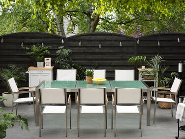 8 Seater Garden Dining Set Cracked Glass Top with White Chairs GROSSETO