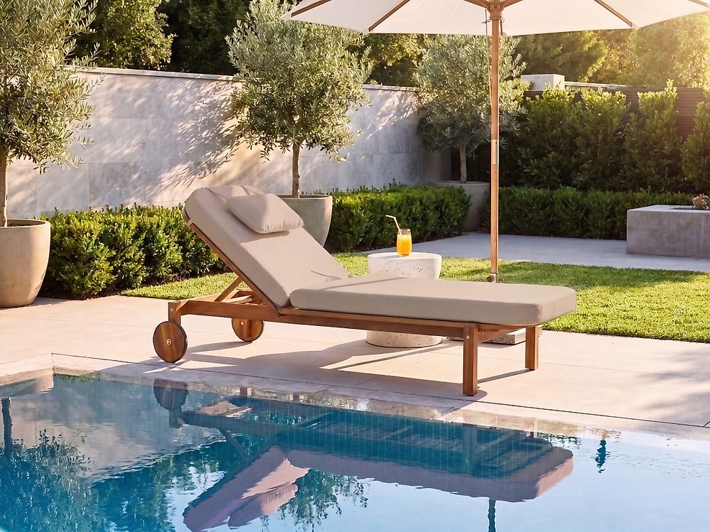 Sun Lounger with Cushion LATERZA  Reclining Certified Acacia Wood Taupe